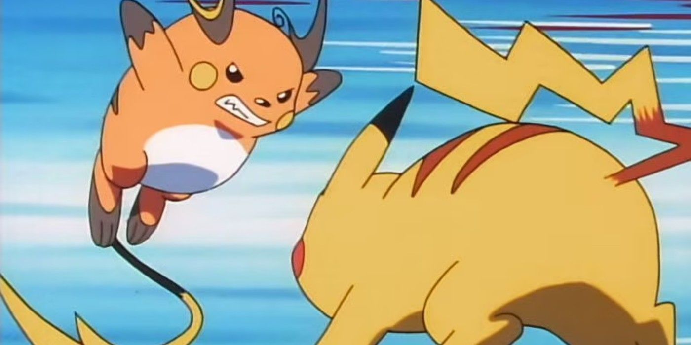 Raichu attacking Pikachu with an angry expression.