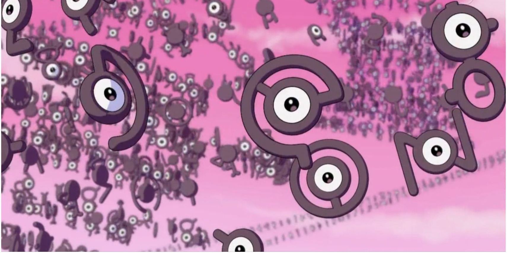 A swarm of Unown in the Pokemon anime