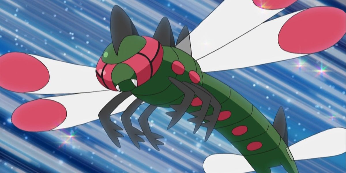 A Yanmega flies through the air in Pokemon anime