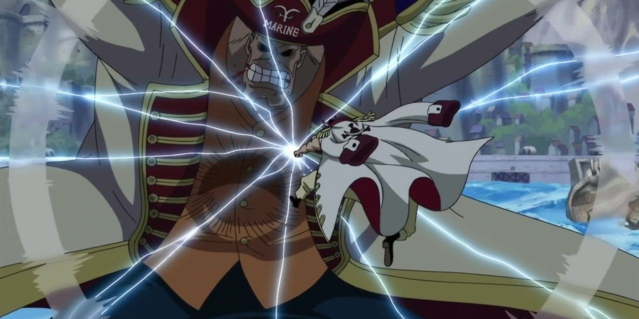 Whitebeard hitting John Giant with a quake punch in One Piece