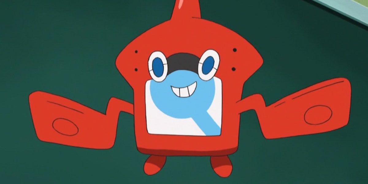 Rotom smiling in a Pokédex in Pokémon.