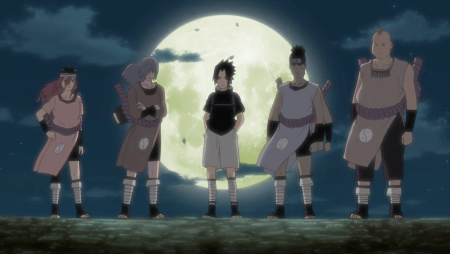 The Sound Four And Sasuke Standing In The Moonlight in Naruto