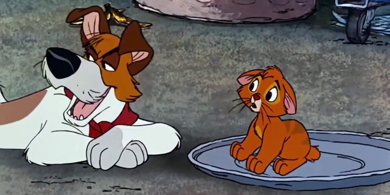 Scared Oliver and Dodger by his side in Oliver and Company