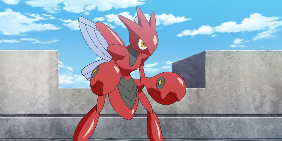 Scizor stands in front of a wall in the Pokemon anime