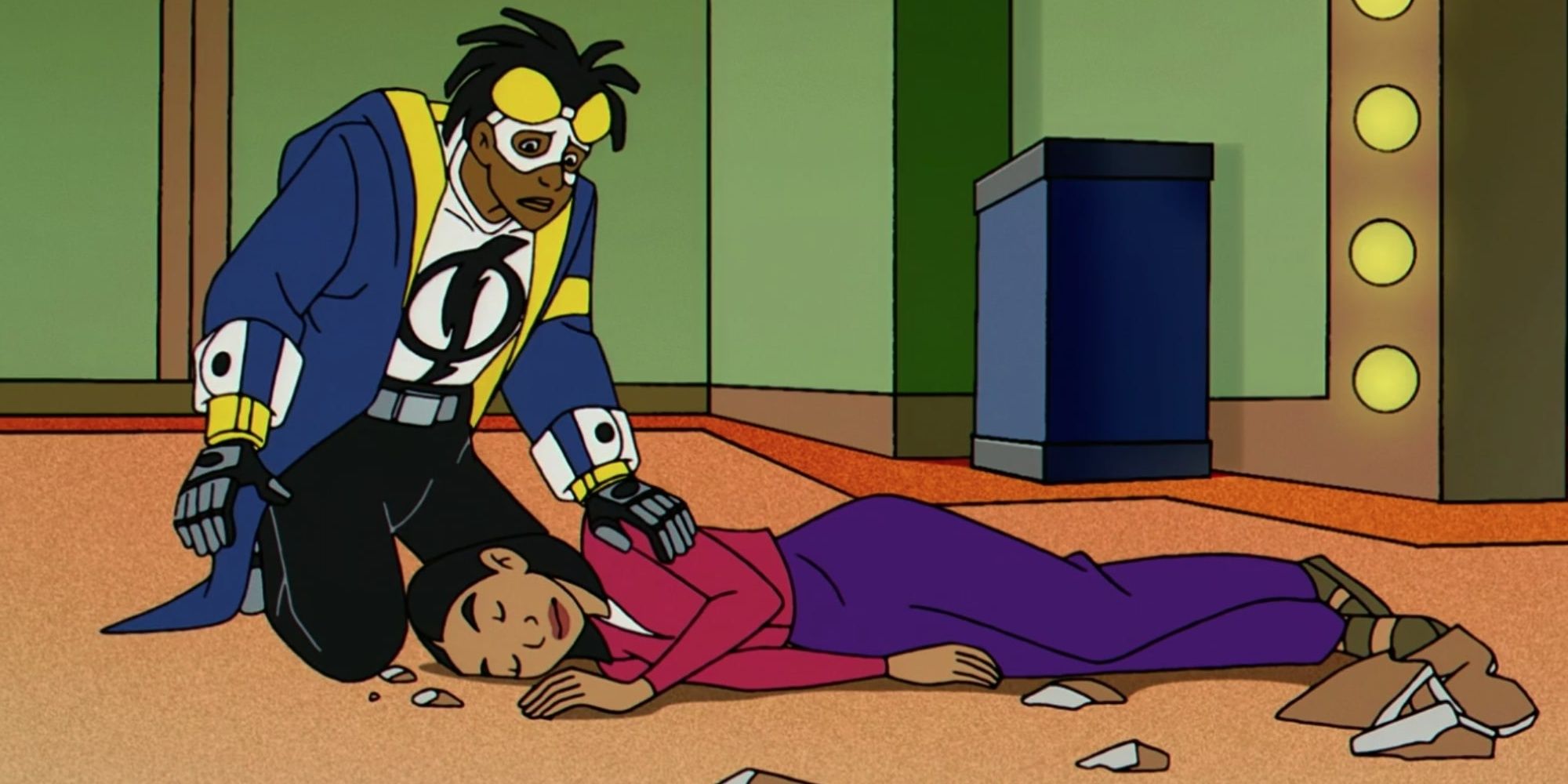 Virgil from Static Shock kneeling beside Daisy who is lying on the floor injured