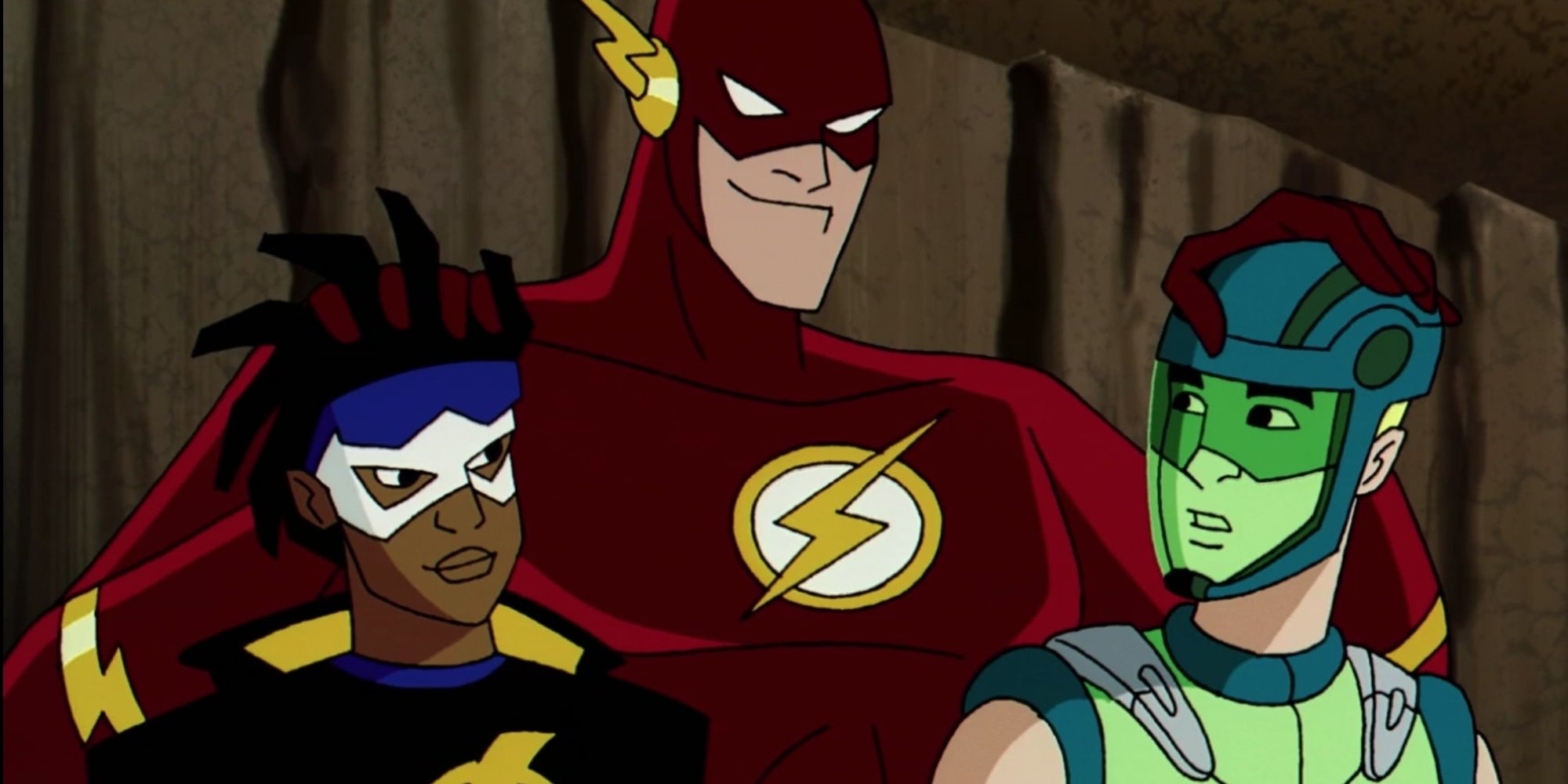 Flash from Justice League pets the heads of Virgil and Richie from Static Shock