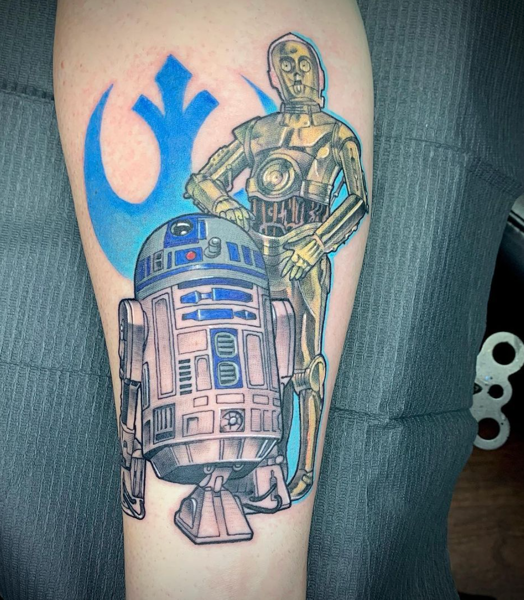 R2-D2 and C3P0 in front of the rebel symbol