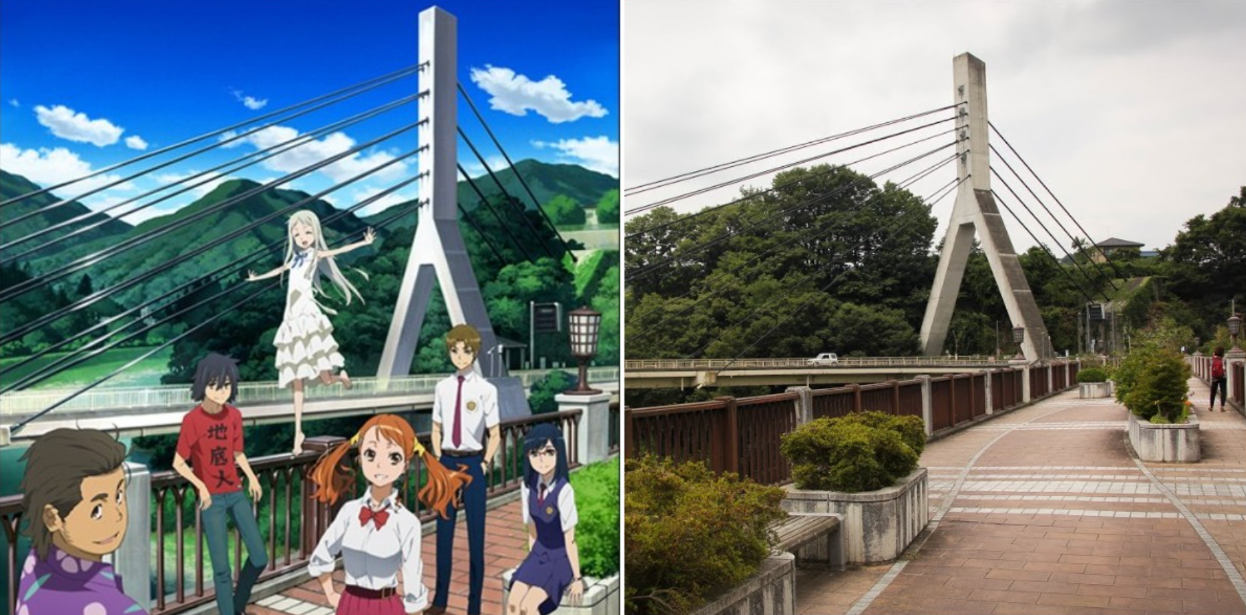 Chichibu Bridge In Anohana Anime With Main Characters And Real Life Bridge