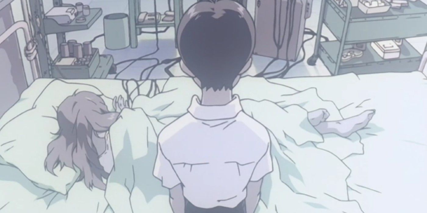 Shinji looks down on Asuka in the hospital in Neon Genesis Evangelion