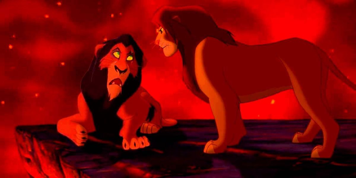 Simba listening to Scar's attempt to reason with him in Disney's Lion King