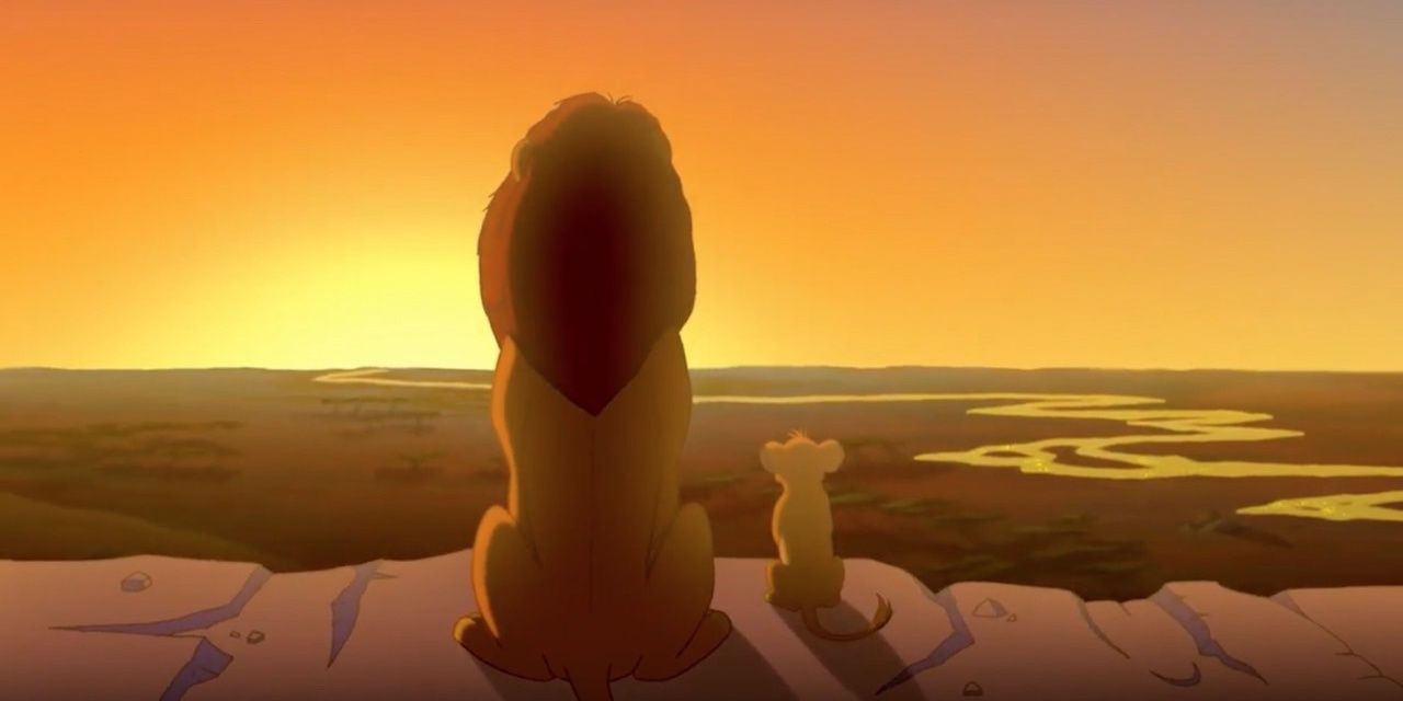 Simba and Mufasa watching the landscape during sunrise (The Lion King)