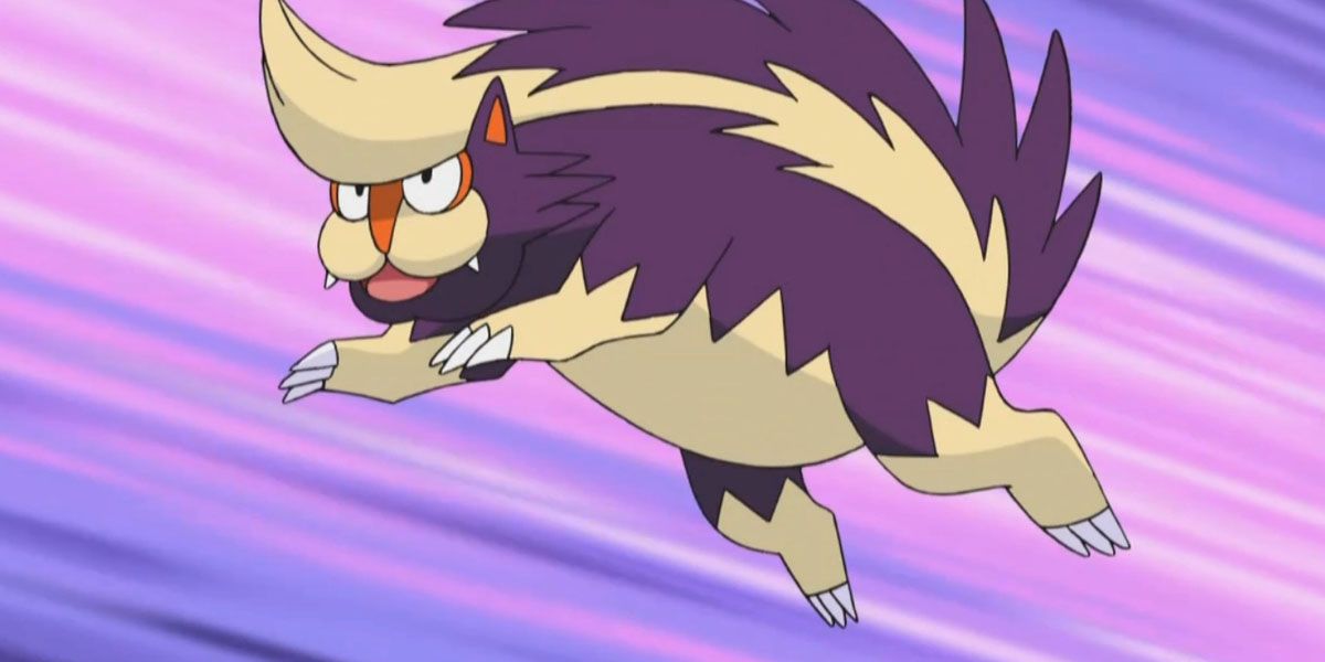 Skuntank flies through the air in the Pokemon anime