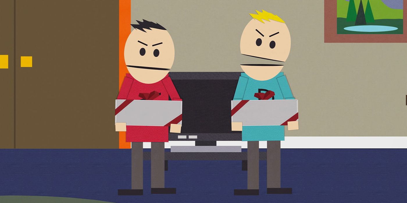 An angry Terrance and Phillip hold boxes in South Park