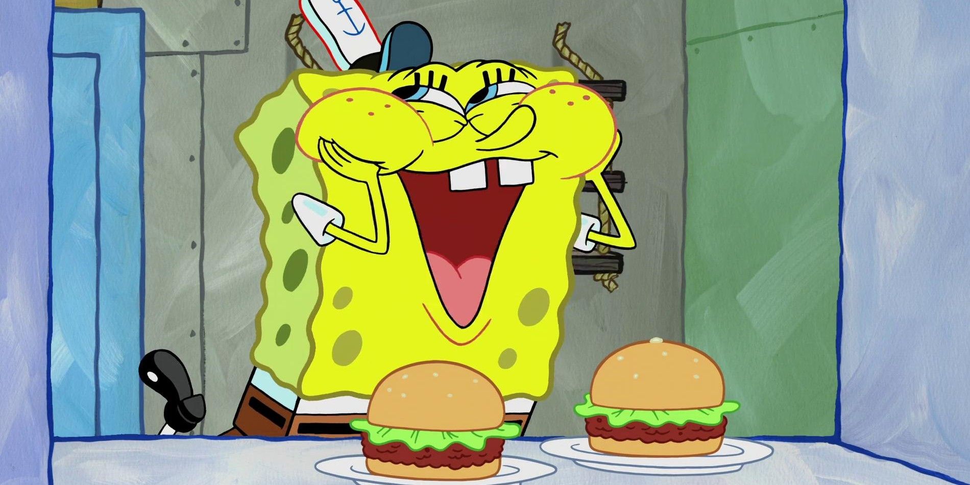 Spongebob Squarepants smiles at two Krabby Patties
