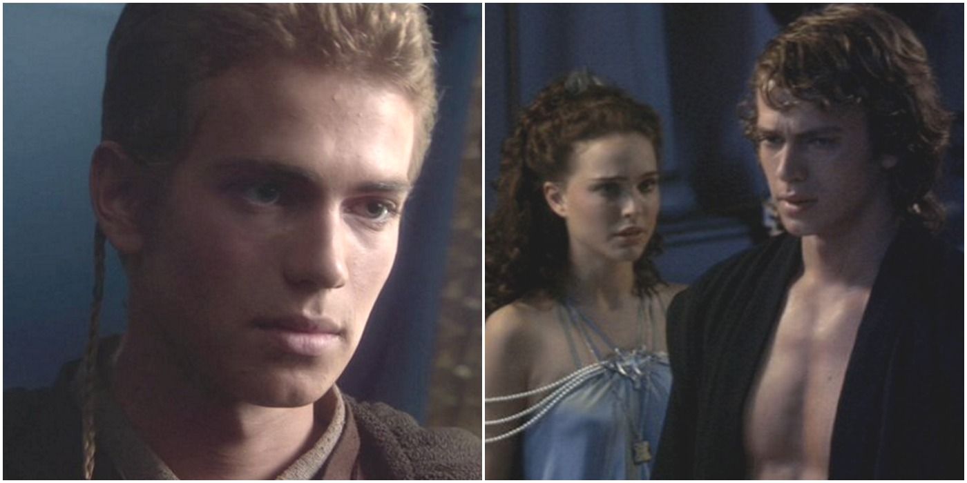 a photo collage of anakin in attack of the clones, and padme with anakin in revenge of the sith
