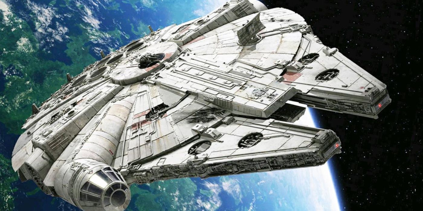 The Millennium Falcon flying in space