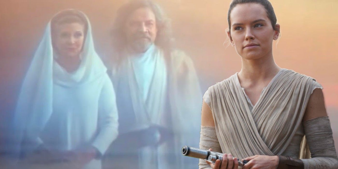 Star Wars' Rey Skywalker with Luke and Leia Skywalker's Force Ghosts