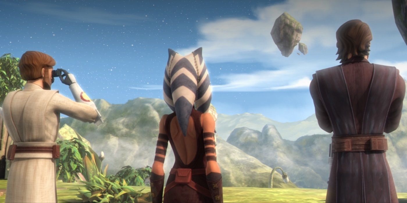 Ahsoka, Anakin e Obi-Wan olham para Mortis em Star Wars: The Clone Wars.