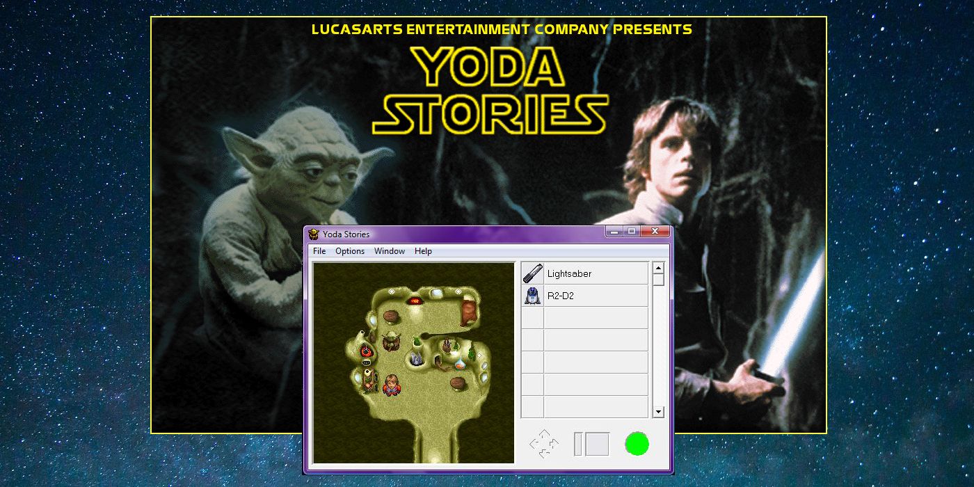 Image shows a screenshot of Luke and Yoda in Yoda's hut on Dagobah from Star Wars: Yoda Stories. Behind this window is the screen background from the game.