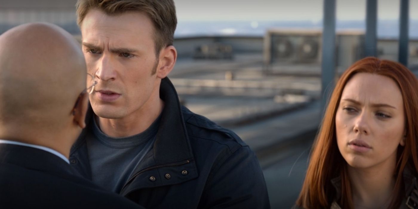 Steve Rogers and Natasha Romanoff interrogate Hydra agent in Captain America: The Winter Soldier