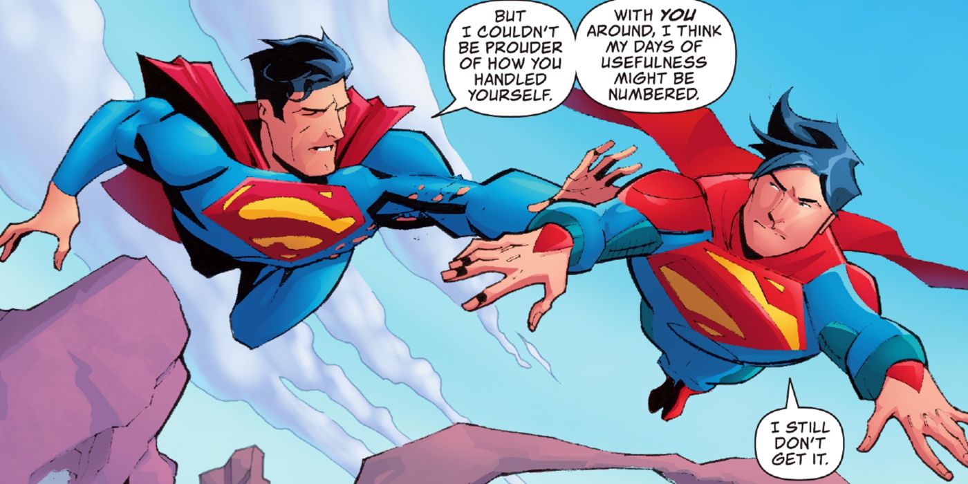 Superman and Jon Kent flying together