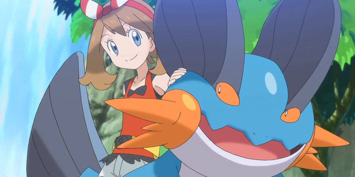 May sits on Swampert's back in the Pokémon anime.