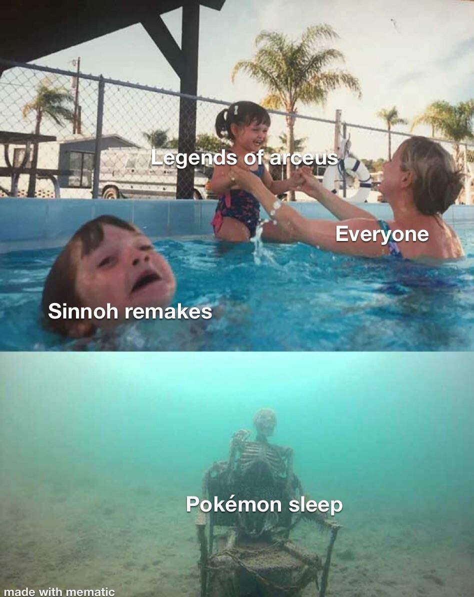 Swimming pool meme with different Pokemon products