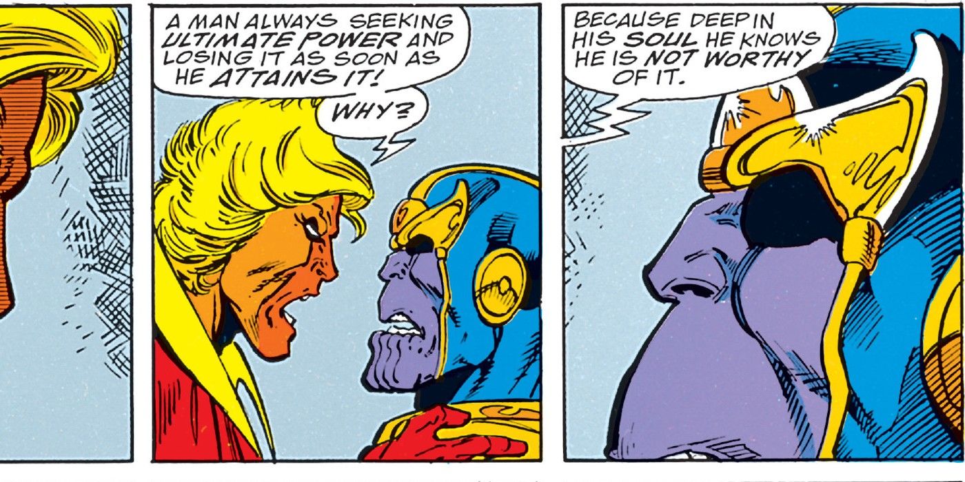 Adam Warlock points out that Thanos isn't worthy of Infinity Gauntlet in Marvel Comics.