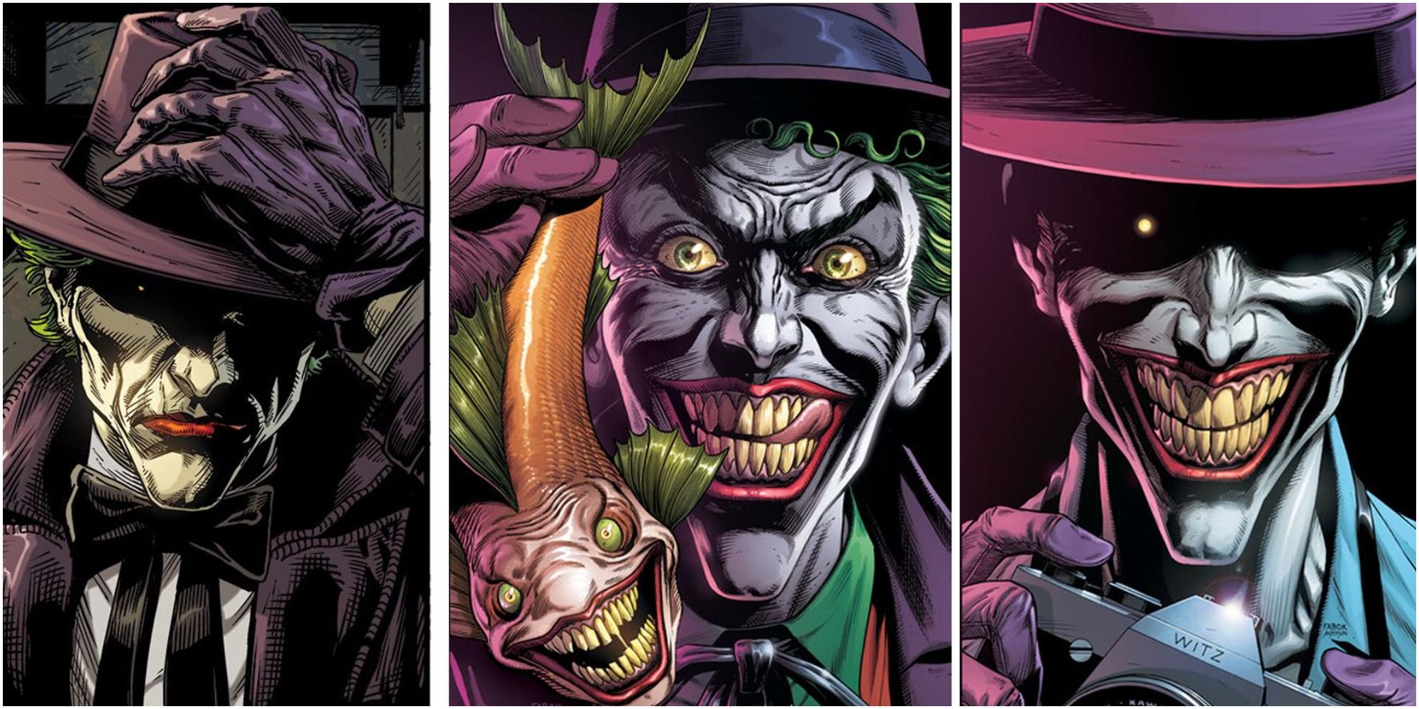 Three Jokers Batman DC, Joker On The Left Holding His Hat While Frowning, Joker In The Middle Holding A Fish With His Face, And Joker On The Right Holding A Camera