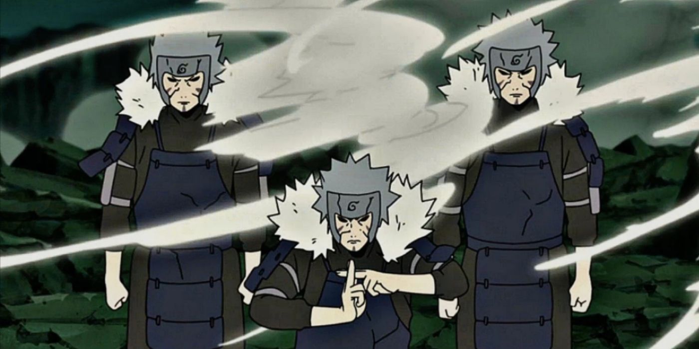 Second Hokage Tobirama Senju with two shadow clones surrounded by movement.
