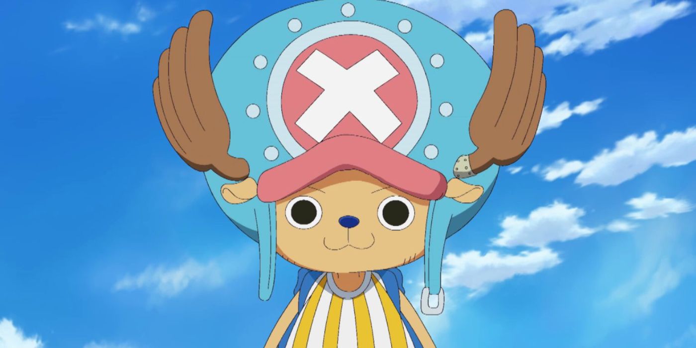 Tony Tony Chopper smiling in front of a cloudy blue sky in One Piece.