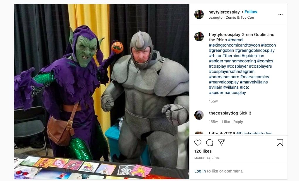 Ty Shrum cosplaying as the Green Goblin and Joe Parrish cosplaying as the Rhino