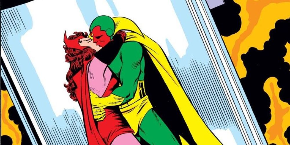 Vision and the Scarlet Witch embrace and kiss.