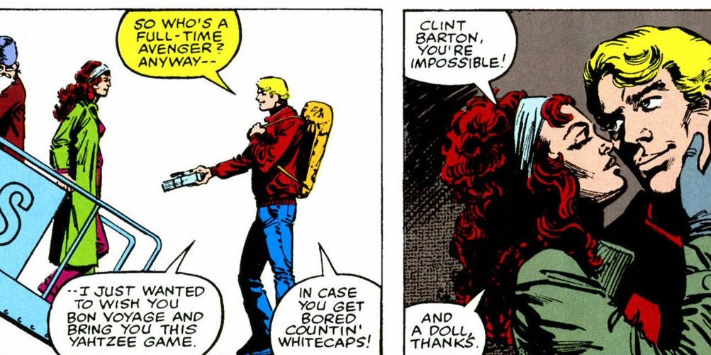 a split image from the comics showing two stills of wanda and clint