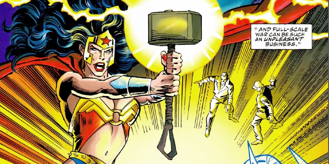 Wonder Woman holding Thor's hammer Mjolnir
