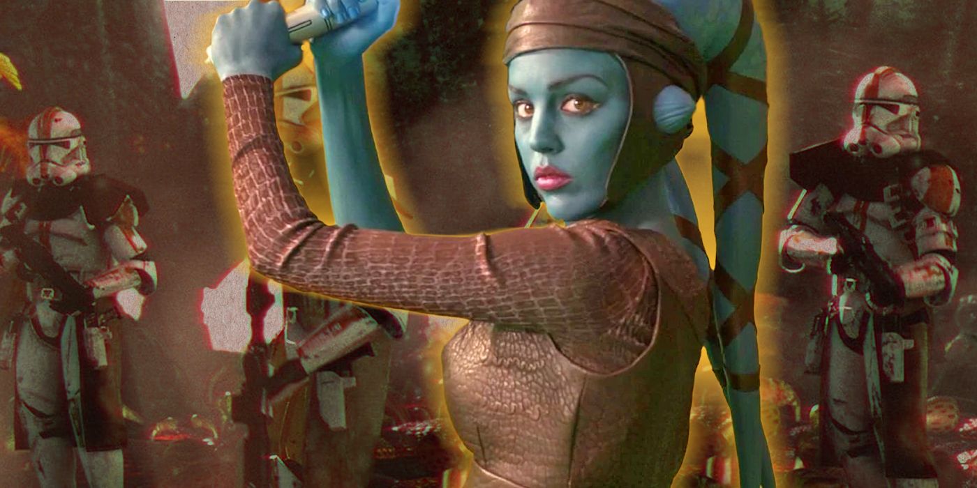 Aayla Secura holding her lightsaber at the read as clone troopers surround her from behind.
