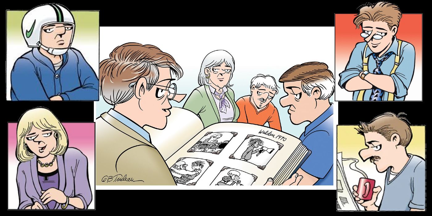 Doonesbury's cast, including Mike, BD, Joanie, and Mark, in comic strips