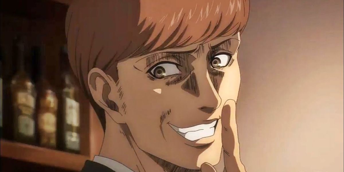 Floch smiling creepily while placing a finger on his lips in Attack on Titan season 4