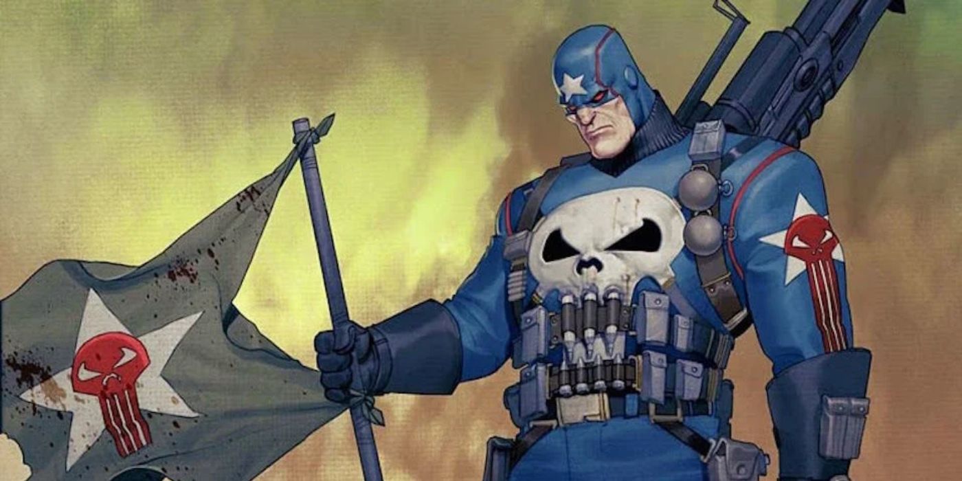 The Punisher in his Captain America-inspired costume holding the flag
