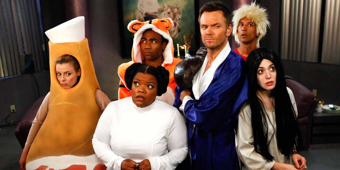 The Greendale Seven in costumes for a Halloween party in season 4 of Community