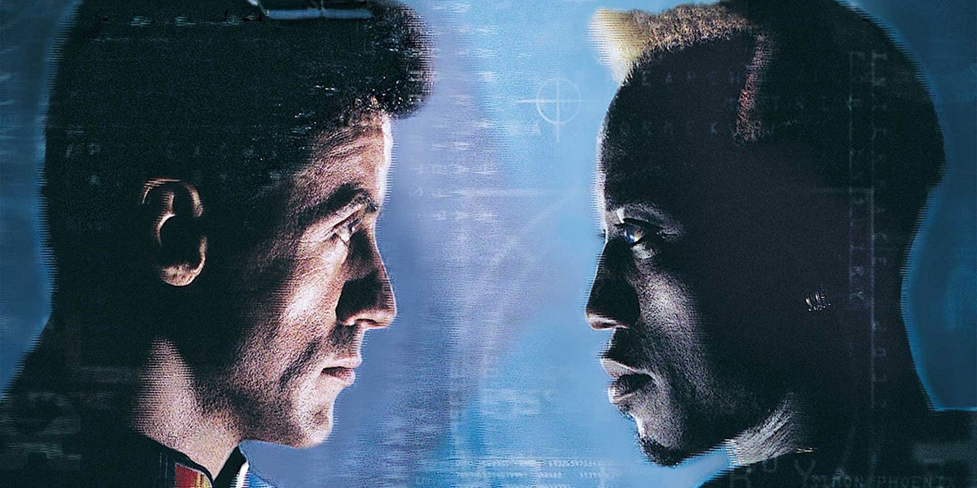 Sylvester Stallone stares down Wesley Snipes in an image from Demolition Man