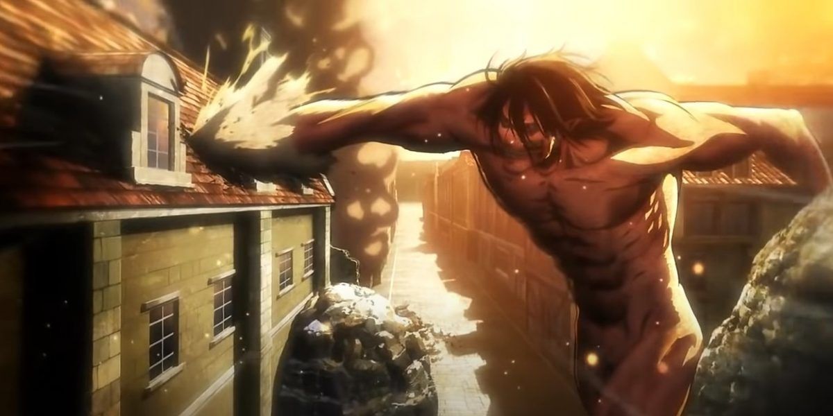 Eren in titan form lunges at Mikasa
