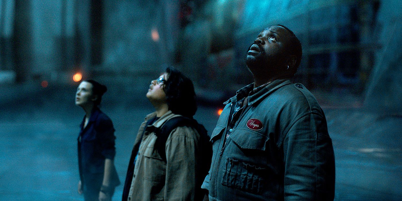 MILLIE BOBBY BROWN as Madison Russell, JULIAN DENNISON as Josh Valentine and BRIAN TYREE HENRY as Bernie Hayes in Godzilla vs. Kong