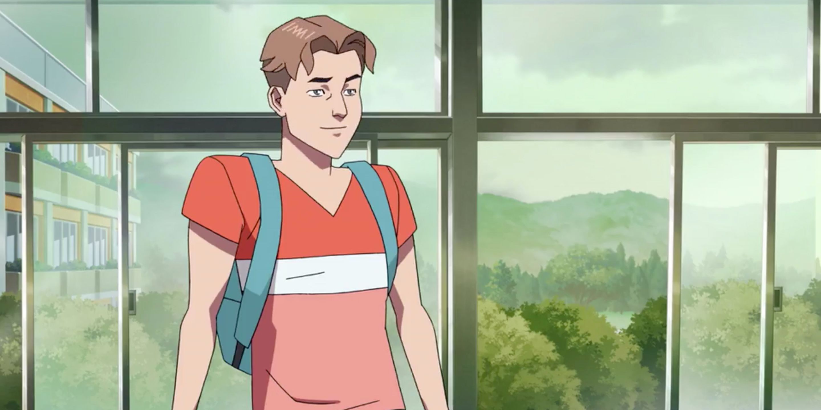William from Invincible standing against an open window wearing a knapsack