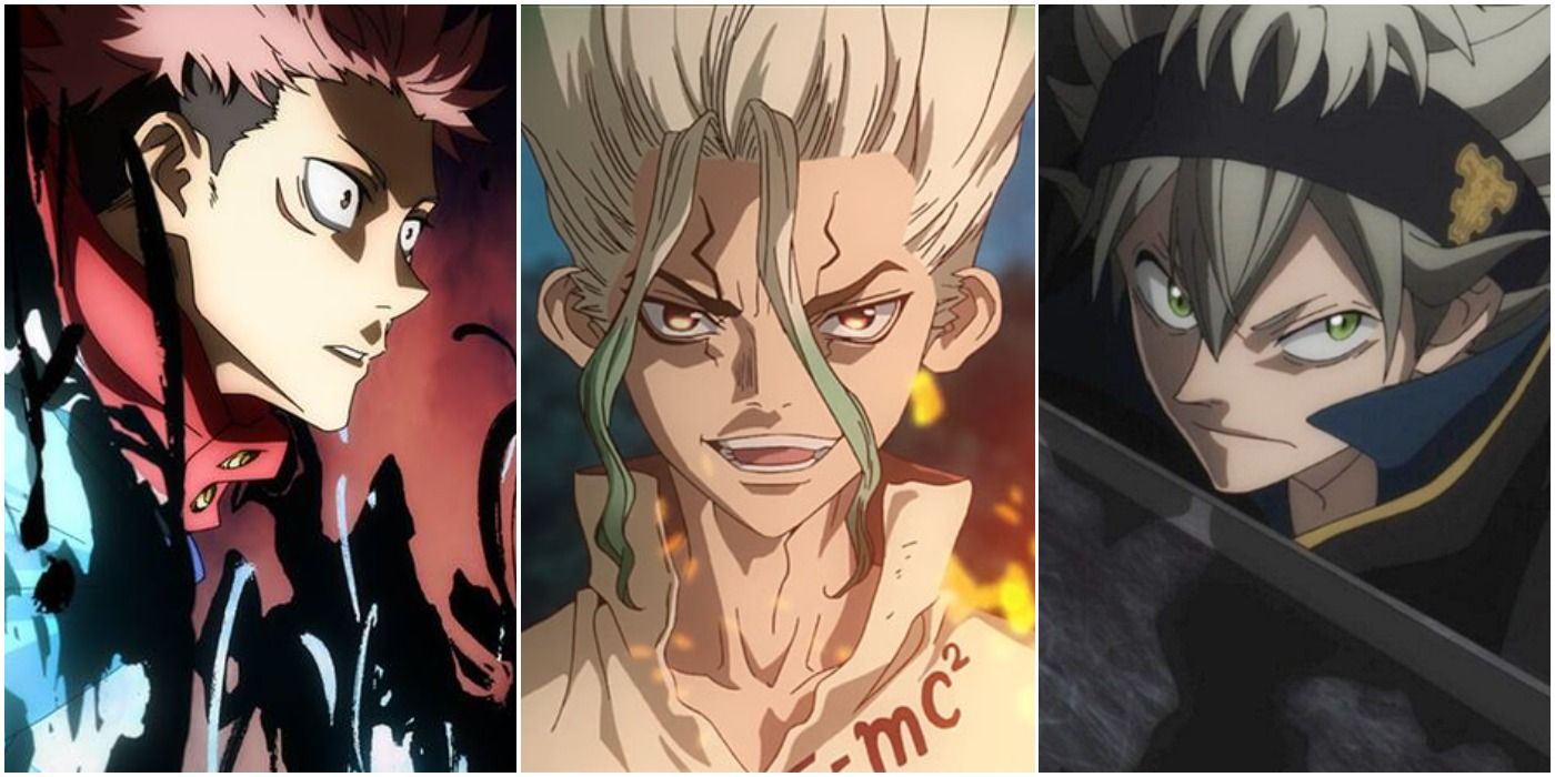 Banner featuring the protagonists from Jujutsu Kaisen, Dr. Stone, and Black Clover