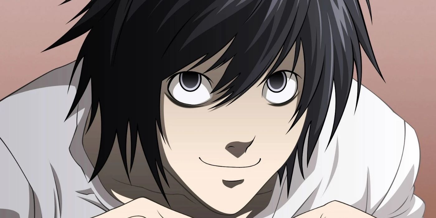 L crouching down and looking up in Death Note.