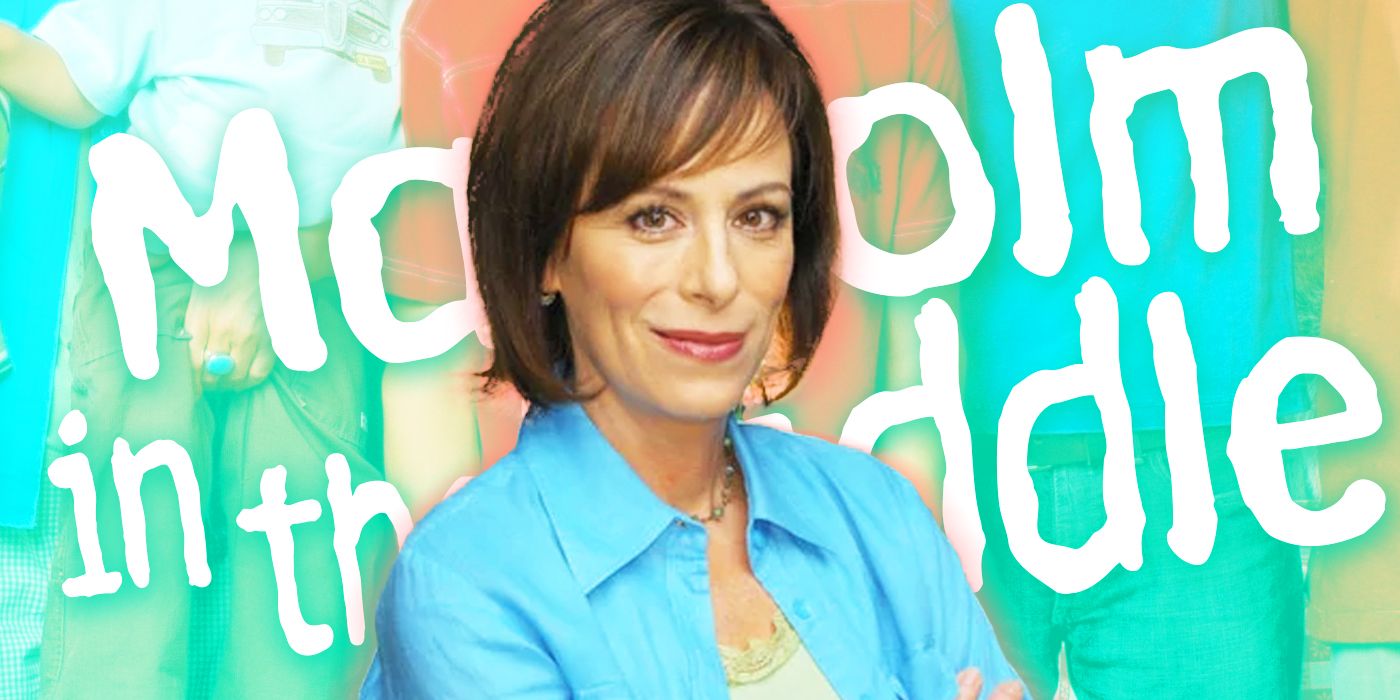Jane Kaczmarek's Lois smiling in front of the Malcolm in the Middle logo