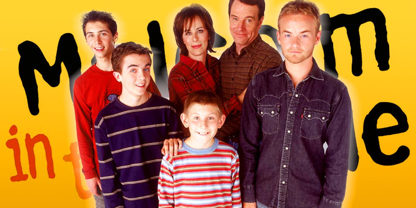 The Malcolm in the Middle cast stands in front of the show's title.