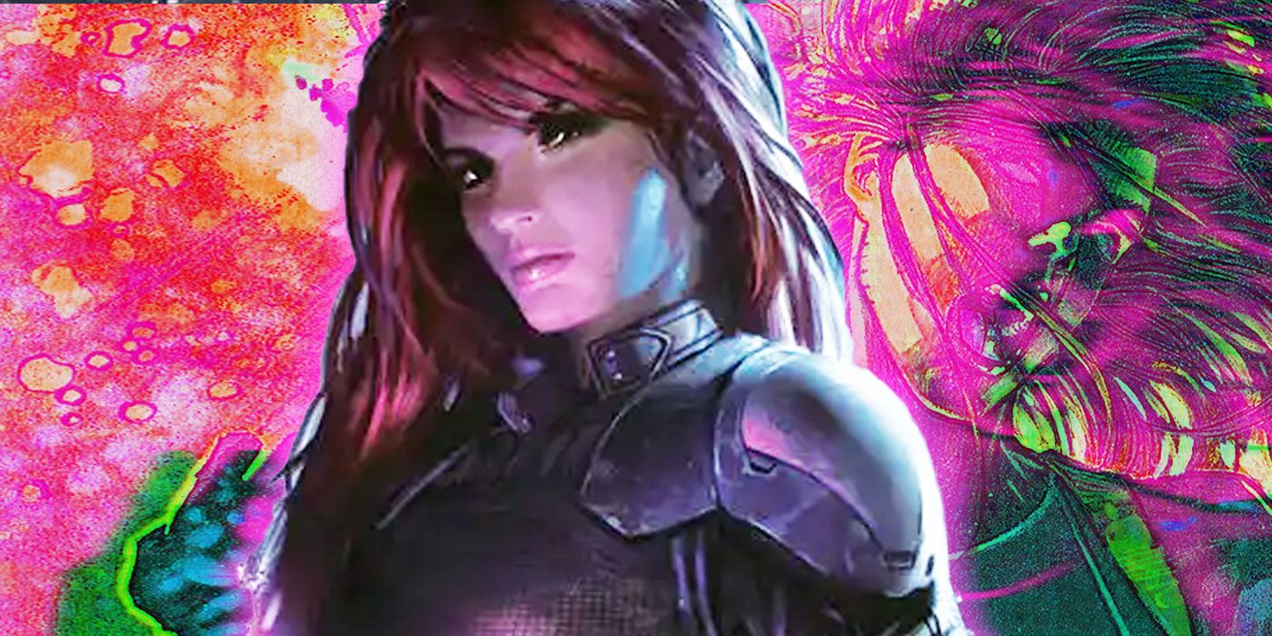 Mara Jade posed in front of a colorful background