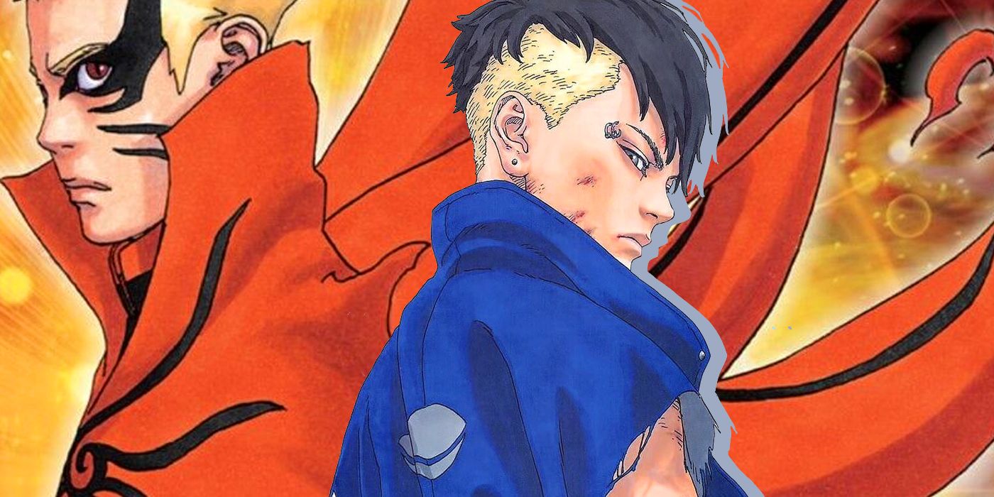 Manga art of Kawaki in the foreground with Naruto in the background.